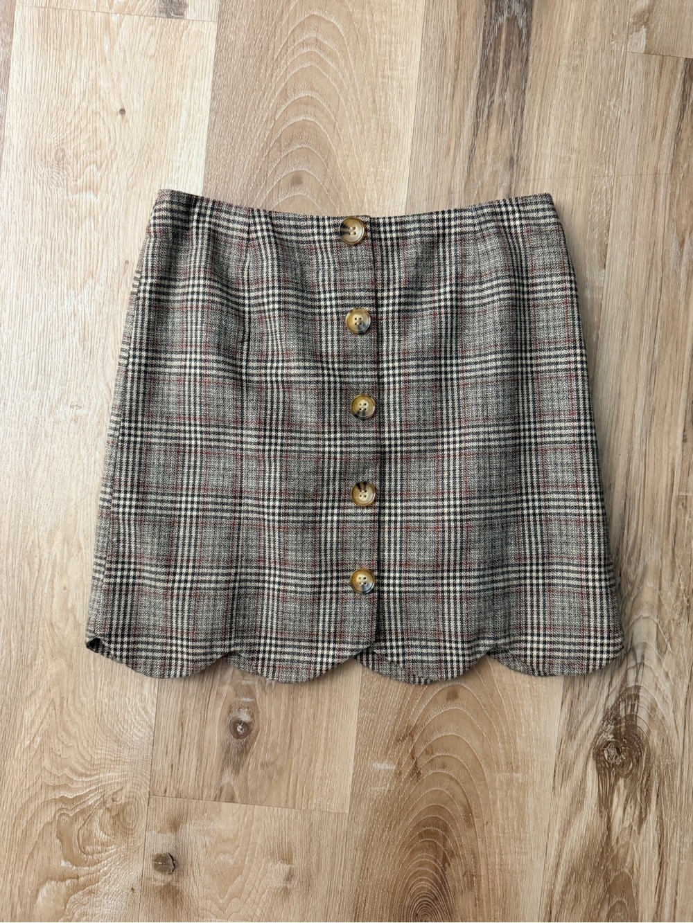 Southern Proper Plaid Mini Skirt in Brown and Cream with Scalloped Hem